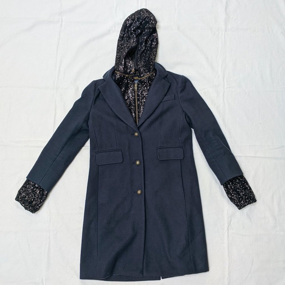 Gryphon Navy Wool Coat Jacket w Sequin Hood/Vest, Size Small